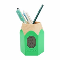 Porte-crayons en forme de tête de crayon avec réveil numérique LED, pot à crayons multifonction, horloge de table avec calendrier et température de bureau