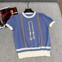 Haut en tricot à col rond et manches courtes pour femme avec broderie en corde, un haut à col rond tendance et ajusté