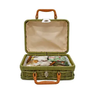 Retro rattan woven picnic basket storage box photo props with hand gift rattan woven suitcase gift box moon cake box