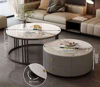 Table basse ronde moderne de luxe en pierre frittée aspect marbre avec tiroirs, rotation à 360°, meuble de salon durable