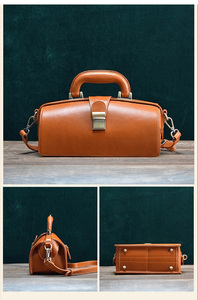 Luxury Vintage Leather Doctor Bag Ladies Business Tote Bag Handmade Retro Boston Bag Vegetable <strong>Tanned</strong> Leather <strong>Handbag</strong> for Women - Product Image 4