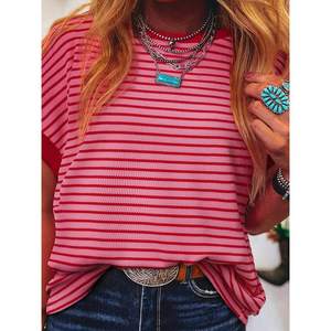 Acelitt เสื้อยืดคอกลมลำลองสำหรับผู้หญิงใส่ในฤดูร้อนเสื้อถักระบายอากาศได้ดีมีแถบสีตัดกันและแขนสั้นขนาด XL - Product Image 5