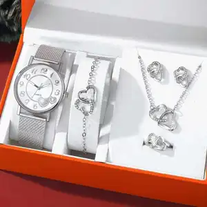 Fashionable 6 Piece Girls Gift Ladies Watches Rose Gold Watch And Bracelet Necklace Earrings Set Women