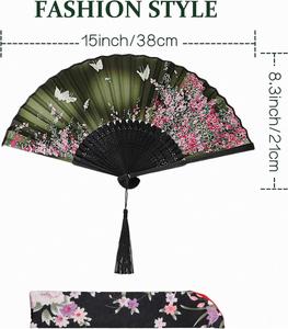 Lady's Folding Hand Fan Retro Chinese Bamboo <b>Silk</b> for Hot Flash Church Decoration EDM Music Festival Grey <b>Red</b> Buds - Product Image 5