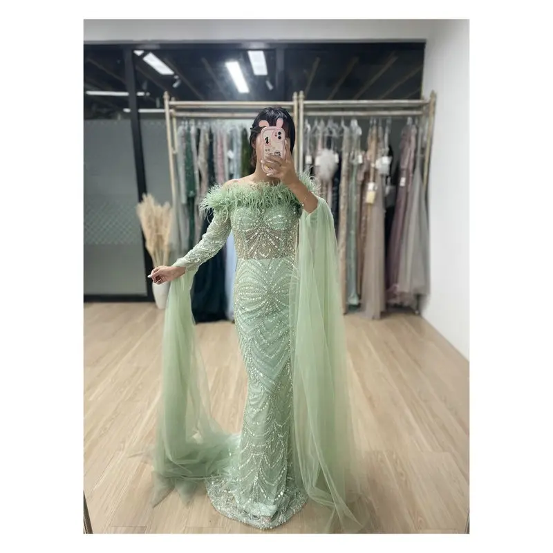 Sang trọng đính cườm sequin lông ra khỏi vai dài tay áo mẹ của cô dâu Nàng Tiên Cá Evening prom váy áo cộng với kích thước