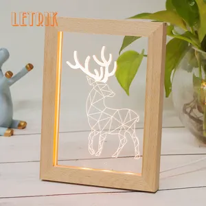 Wholesale LED Light Up Picture Frame Carved Acrylic Raw Wood Carving Photo Frame