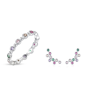 S925 Sterling <b>Silver</b> Rainbow Zircon Bubble <b>Ring</b> and Earrings, Women's European and American Fashionable Versatile Angel Wing <b>Set</b> - Product Image 6