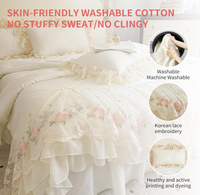 Parure de lit chic française 4 pièces - Coton lavé avec bordure en dentelle romantique, housse de couette avec jupe de lit et taies d'oreiller