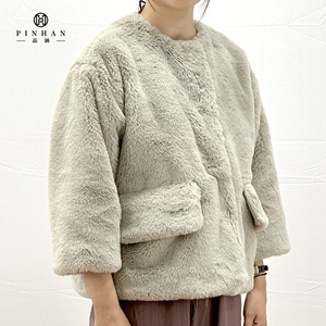 Otoño Invierno suelta ajuste joven dama terciopelo bolsillo visón abrigo de piel gris claro mujer Chaqueta corta de piel peluda con botones - Product Image 4