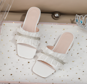 2025 été nouvelles sandales à lacets pour filles pantoufles à talons épais blanc diamant sandales plissées pour les filles 8-12 ans - Product Image 4