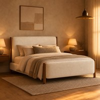 Cadre de lit rembourré en tissu bouclé de style nordique moderne avec poteaux en bois massif de noyer, lit plateforme pour chambre à coucher, taille King ou Queen