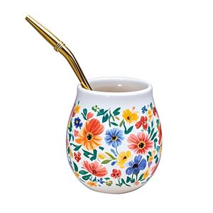 Taza de café <span class=keywords><strong>Yerba</strong></span> Mate blanca con temática de margaritas de <span class=keywords><strong>buena</strong></span> calidad con pajita de acero inoxidable, logotipo personalizable para un toque personalizado - Product Image 1