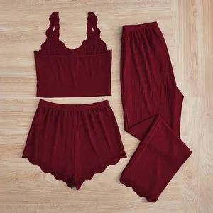 Ensemble de pyjamas 3 pièces pour femmes, vêtements de nuit, gilet uni, short et pantalon assortis avec des empiècements en dentelle pour la maison et les vêtements de détente - Product Image 2