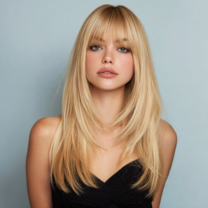 Peluca Afro Popular de Moda 360 con <span class=keywords><strong>Flequillo</strong></span> Completo, Peluca Larga y Lisa de Seda Resistente al Calor, Color Marrón, SM7828 - Product Image 4