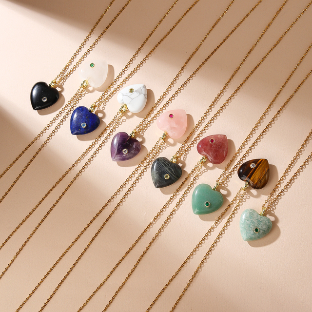 Heart-Shaped Natural Birthstone Pendant Link Chain Necklace Fashion Zircon Inlay Trendy Style Friend Party Gift for Women