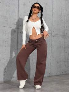 Jeans en denim <span class=keywords><strong>kaki</strong></span> respirant à <span class=keywords><strong>taille</strong></span> <span class=keywords><strong>haute</strong></span>, coupe ample et droite, pour femmes, décontracté, vintage, simple, été, service OEM - Product Image 2