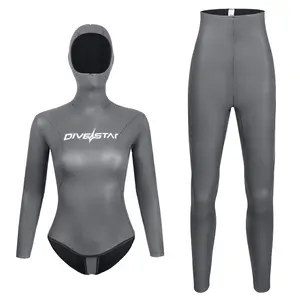 DIVESTAR ผู้หญิงคุณภาพสูง 3 มม.Neoprene ผิวเรียบ 2 ชิ้นสีเทา Freediving Wetsuit กันน้ําโรงงาน OEM