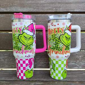 Vasos Térmicos de Acero Inoxidable de Doble Pared con Aislamiento al Vacío de 40oz, 6 Colores, Diseño <span class=keywords><strong>Grinch</strong></span> de Feliz Navidad, Verdes con Asa y Pajita, Taza de Oficina - Product Image 4