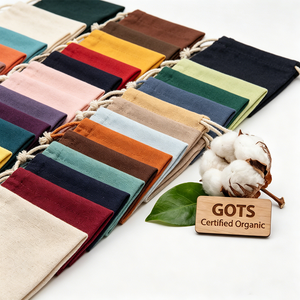 Sac à cordon en coton biologique imprimé avec logo personnalisé, vente en gros |   Pochette à bijoux écologique certifiée GOTS, emballage cadeau - Product Image 5