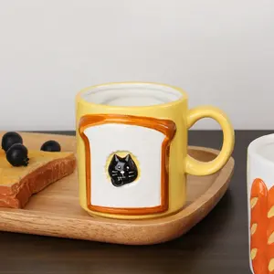 Cartoon Breakfast Funny Embossed 3D Toast Baguette Shape Cute Cat Ceramic Cup Mug