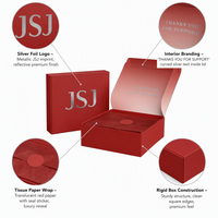 Boîte d'expédition rouge cramoisie de luxe avec slogan en feuille d'argent à l'intérieur pour une expérience d'ouverture premium et un packaging de marque DTC