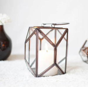Elegant Antique <b>Copper</b> Geometric Lantern 6.10 x 6.6 Inch Metal Candle Holder Modern Decorative Accent for <b>Table</b> Lighting - Product Image 1
