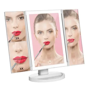 Led Fashion Cosmetic Mirror Trifold Desktop Foldable Lighted Makeup Mirror For Girl