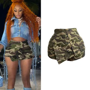 Gx207f Mode Hoge Kwaliteit Unieke Kleding Hoge Taille Onregelmatige Casual Wrap Dames Jeans Rok Mini Camo Denim Shorts Vrouwen