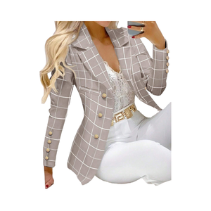 <span class=keywords><strong>Blazer</strong></span> Tipo Traje de Oficina de Doble Botonadura con Estampado de Cuadros para Mujer, Estilo Oversized para Comodidad y Estilo - Product Image 1