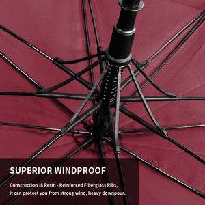 Burgundy Golf Umbrella Metal <b>Frame</b> Windproof Waterproof Automatic Open 120cm <b>Large</b> 8 Ribs Long Handle Silver Button Red Strap - Product Image 6