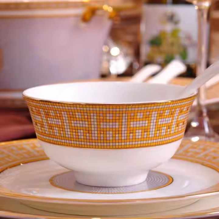 Luxury Gold H Series 58-Pcs Modern Ceramic Dinnerware Set High Quality Simple Cutlery Plate Luxury Gold H Series Modern Ceramic