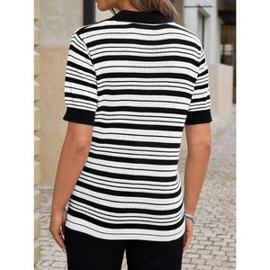 Fisoew Womens Striped Knit Polo Shirt Short Sleeve Collared Cotton Breathable Casual Summer <b>Top</b> Regular Fit - Product Image 4