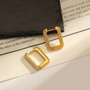 Gold Plated Square Hoop Earrings With Diamonds For Women Everyday Wear Geometric Design 18K Finish Stainless Steel Ear <b>Posts</b> - Product Image 1