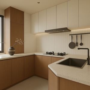 Armoire de bar modulaire en bois SANTOPOVA avec structure encadrée de verre et rangement ouvert - Product Image 3