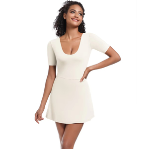 Frauen U-Ausschnitt Tennis kleid Yoga Sport rock Einfarbig Kurzarm Golf Beach Mini kleid Schlitz Saum Loose Soft Workout Wear - Product Image 4