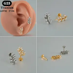 ASTM F136 Titane Zircon Feuille Labret Filetage Interne Oreille Helix Tragus Goujons Dos Plat Boucle D'oreille Piercing Bijoux En Gros