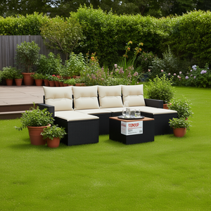 Juego de Sofás de Jardín Color Negro Crema, Muebles de Ratán PE para Exteriores, Diseño Contemporáneo, Cojines de Espuma de Alta Densidad - Product Image 2