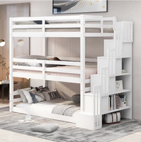 Lit superposé à trois niveaux avec escalier, plancher en bois, design trois-en-un, détachable, convertible en deux lits simples, lit mezzanine