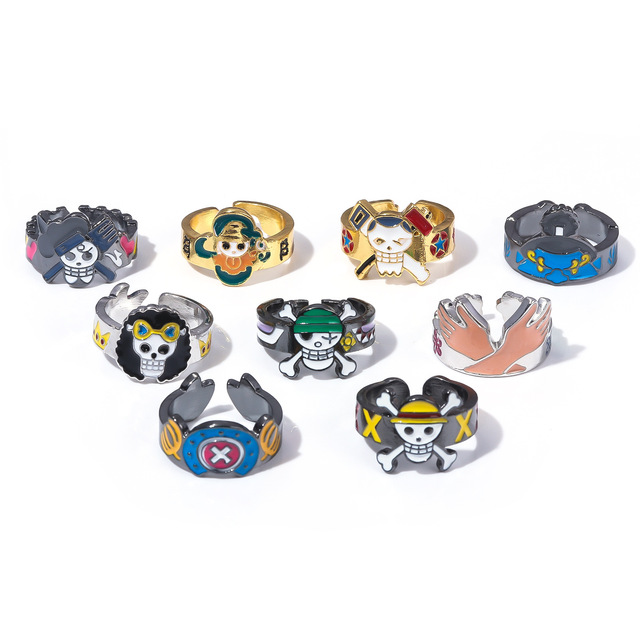 9 Style High Quality Anime Logo Skeleton Luffy Ring Metal Vintage Jewelry Rings Cosplay Cartoon Snaji Zoro Finger Ring for Women