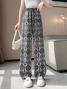 2024 été nouvellement chinois monochromes femmes pantalons à jambes larges pour plage décontracté élastique taille haute ample confortable <span class=keywords><strong>pantalon</strong></span> fluide - Product Image 4