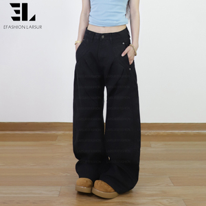 Pantalons <span class=keywords><strong>chino</strong></span> baggy en twill sur mesure LARSUR, taille haute, jambe incurvée en forme de sabre, jambe en forme de fer à cheval effilochée, pantalon de travail pour femmes - Product Image 4