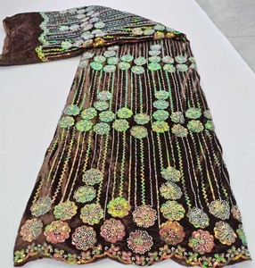 Tela de Encaje de <span class=keywords><strong>Terciopelo</strong></span> con Lentejuelas Bordadas y Cuentas, Estilo Nigeriano, para Vestidos de Mujer, Precio al por Mayor, Gran Venta - Product Image 4