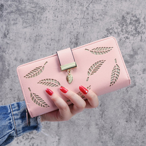 Cartera Larga de Mujer Estilo Coreano, Cuero PU con Diseño de Hojas Recortadas, Cierre de Cremallera y Broche - Product Image 1