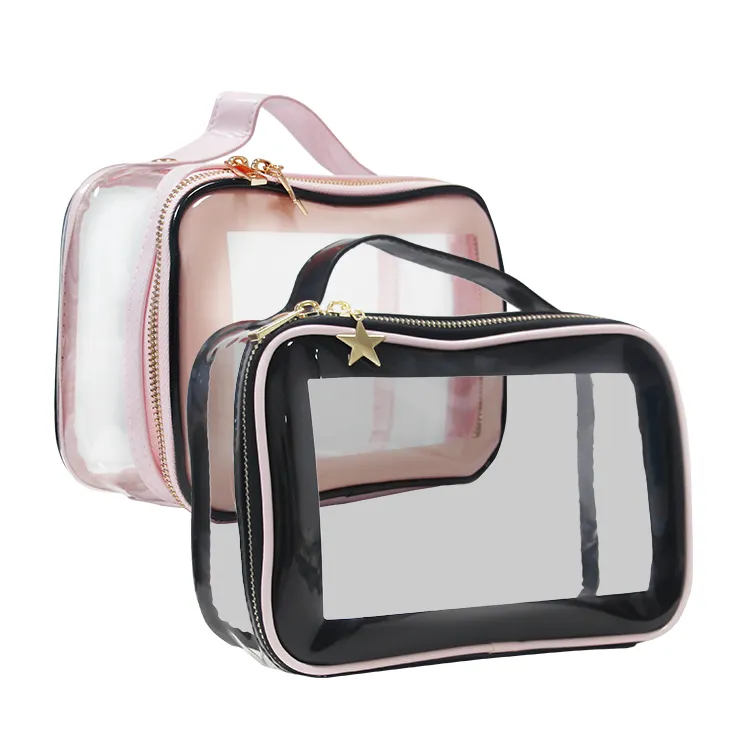 Nuova borsa per cosmetici in PVC trasparente da viaggio con cerniera per trucco impermeabile quadrata rosa di alta qualità Premium
