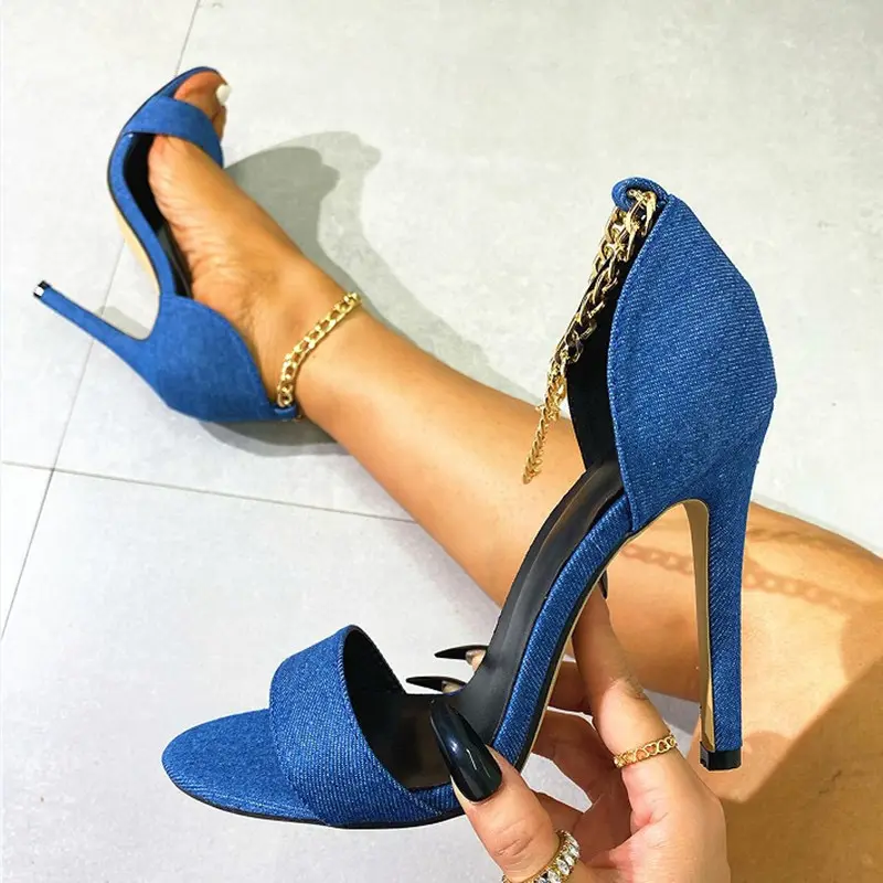 Denim Blue Chain Lock Female Shoes Pleaser 2022 Club Summer Heels for Women