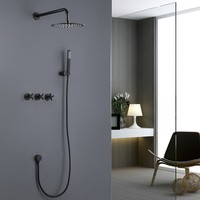 Ensemble de douche encastré moderne minimaliste noir mat brossé tout en cuivre, qualité hôtelière, mural, avec pommeau de douche pluie