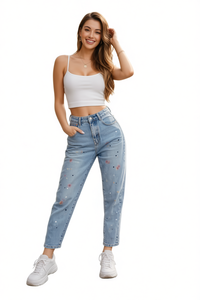 N045-1 Jeans da Donna a Vita Alta, Gamba Dritta, Lunghezza alla Caviglia, Vestibilità Comoda, Denim Stonewashed in Cotone, Stile Casual Estivo con Motivo a Pois - Product Image 1