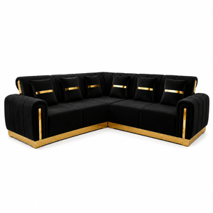 Luxury Modern Black Velvet Extendable L Shape Sectional <b>Sofa</b> <b>Gold</b> Accents Deep Seat for Apartment Villa Living Room Furniture - Product Image 2