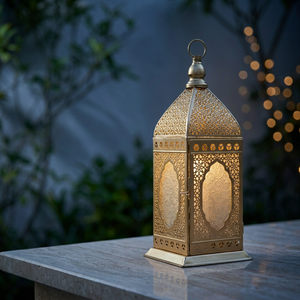 Wholesale <b>Gold</b> Metal Candle Holder Moroccan <b>Lantern</b> with Floral Glass for Ramadan Home Decoration - Product Image 3