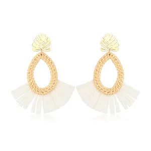 99597 Xuping gold plated women boho jewelry leaf design tassel straw wicker braid creamy-white fan earrings